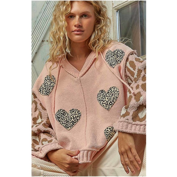 POL Sweaters - POL Leopard Print Heart Print knit Hoodie Sweater Top